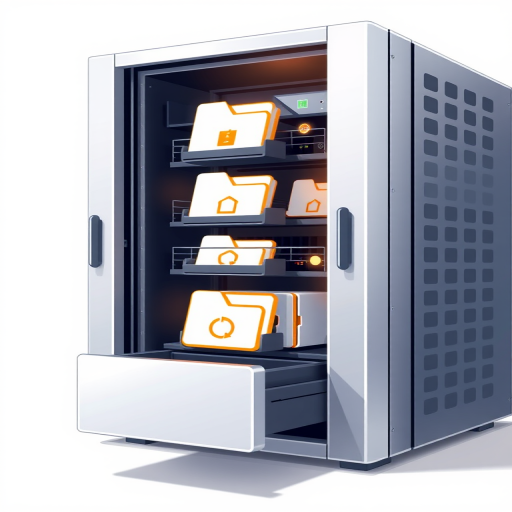 Create a high-resolution digital illustration of a computer server with open compartments showing various file icons and data symbols, using a 50mm lens, f/8 aperture, ISO 100, and a clean white background for clarity.