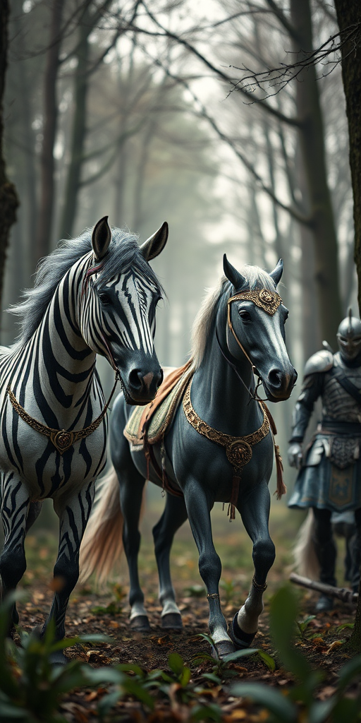 Regenerate an image of three fantasy horses including a zebra-themed horse and horses with unique armor in an enchanted forest setting, using a DSLR camera with a 50mm lens, aperture f/1.8, ISO 100, shot from a low angle to enhance depth of field and detail.