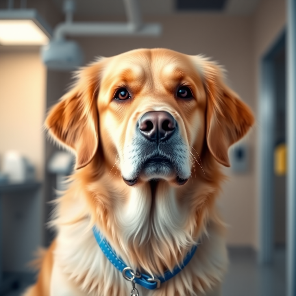 Generate an image of a golden retriever with a calm expression, standing in a veterinary clinic. The background should include soft lighting and hints of medical equipment. The dog should have a blue collar and be looking directly at the viewer.