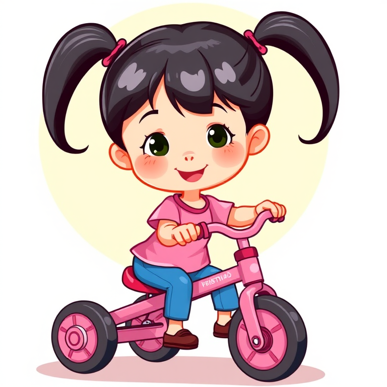 Create a vibrant cartoon illustration of a young girl with black hair in pigtails, wearing a pink shirt and blue pants, riding a pink tricycle, with a playful expression; use a digital art style, 300 DPI resolution, soft shading, and vivid colors for enhanced quality.