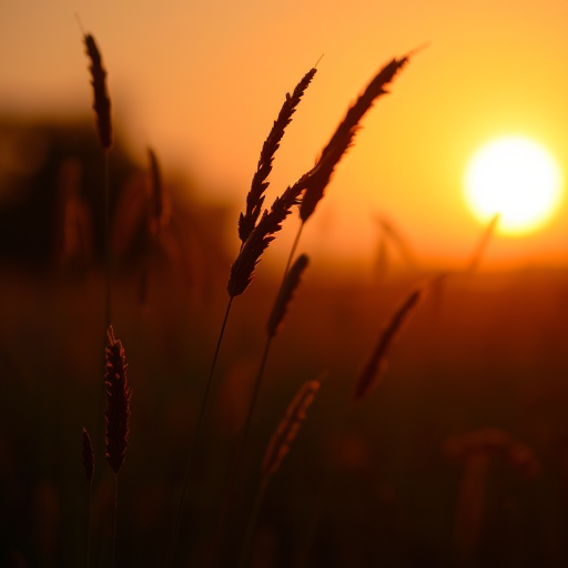 capture a silhouette of tall grasses against a sunset with warm golden hues, using a DSLR camera with a 50mm lens, aperture f/1.8, ISO 100, shutter speed 1/200 sec, shot from a low angle with a slight bokeh effect for enhanced image quality