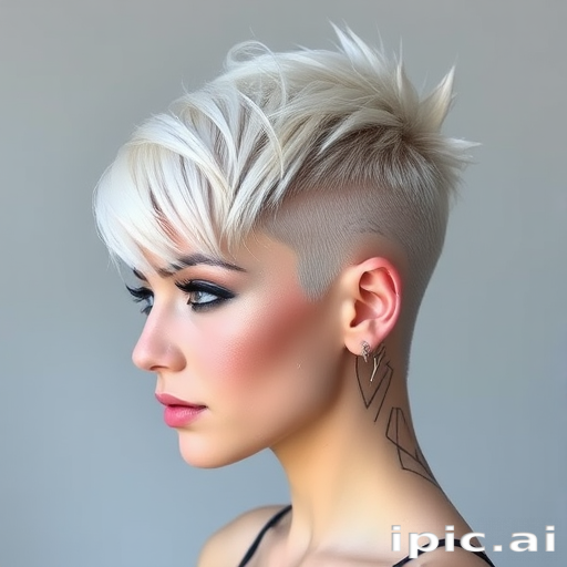 Striking platinum blonde pixie cut with asymmetrical bangs and edgy undercut, featuring intricate geometric patterns shaved into the sides, exuding a futuristic and avant-garde vibe called Cyberpunk Pixel