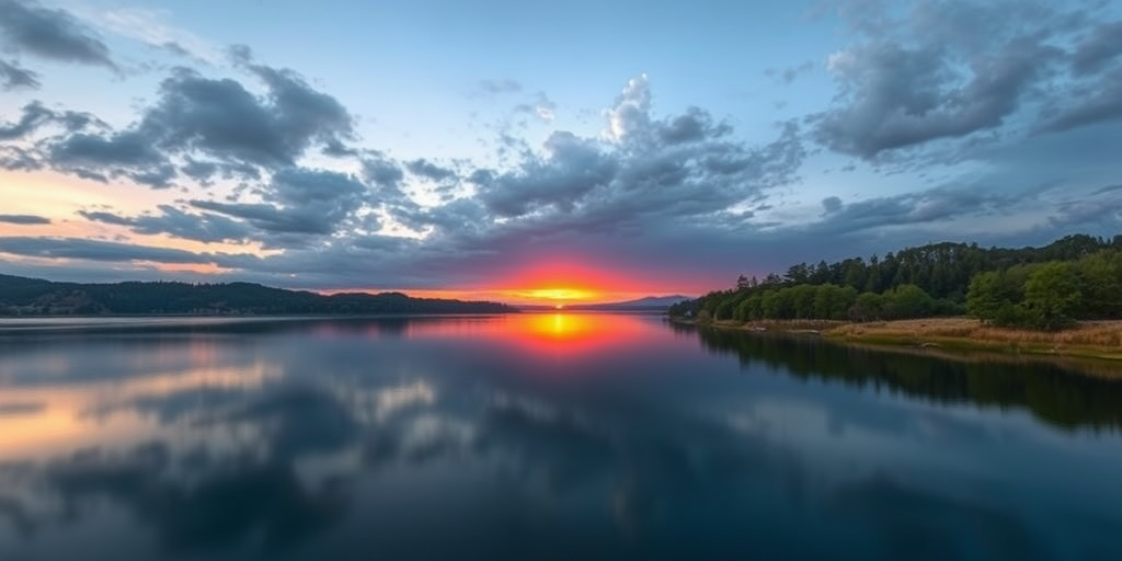 Create a high-definition image of a serene landscape with a sunset over a calm lake, captured with a Canon EOS 5D Mark IV, 24mm lens, aperture f/8, ISO 100, at a 1/125 second shutter speed, using a wide-angle view for depth.