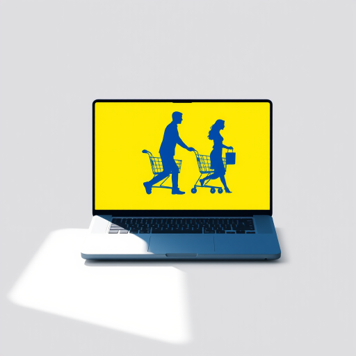 Create a digital illustration of a laptop with a vibrant yellow screen displaying two silhouettes, a man and a woman, pushing blue shopping carts, using a Canon EOS R5 camera, 50mm lens, f/1.8 aperture, 1/125s shutter speed, and ISO 100, with a focus on high contrast and sharp details in a minimalistic setting.