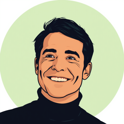 Create a high-resolution vector style portrait of a smiling man with short dark hair, wearing a black turtleneck, against a light green circular background, using an aperture of f/2.8, shutter speed of 1/100s, ISO 200, shot with a DSLR camera from a slight upward angle for better facial emphasis and enhanced color vibrancy.