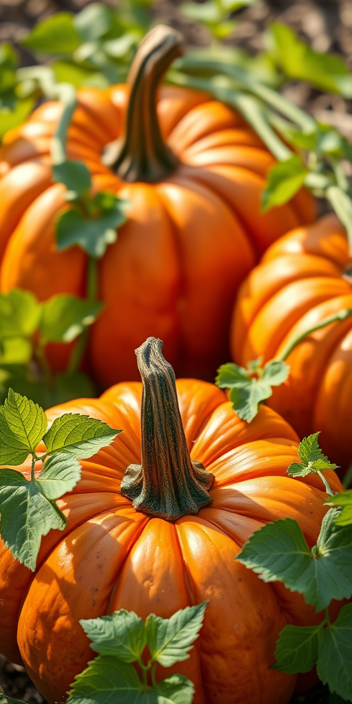 Create an image of two pumpkins with green vines and leaves, captured with a Canon EOS 5D Mark IV, 50mm lens, f/2.8, ISO 100, natural lighting, and a shallow depth of field for enhanced quality.