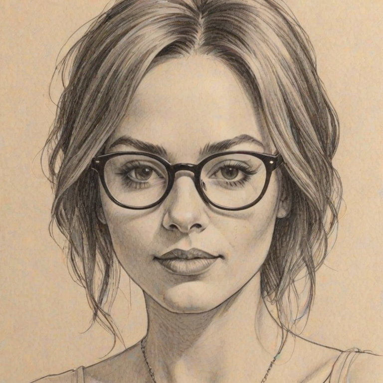 Delightful Zuri Hall, pencil sketch, portrait of Fetching woman 1974s in glasses, hair style beatnik, outline, clear lines, fine lines, 8k