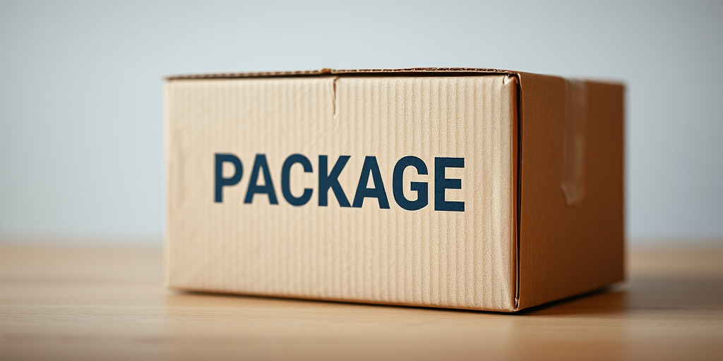 Create a highly detailed digital illustration of a closed cardboard box with the word "PACKAGE" printed on the side, captured with a Canon EOS R5 at f/2.8, ISO 100, 50mm lens focus on the box, using soft lighting and a shallow depth of field for a professional studio look.