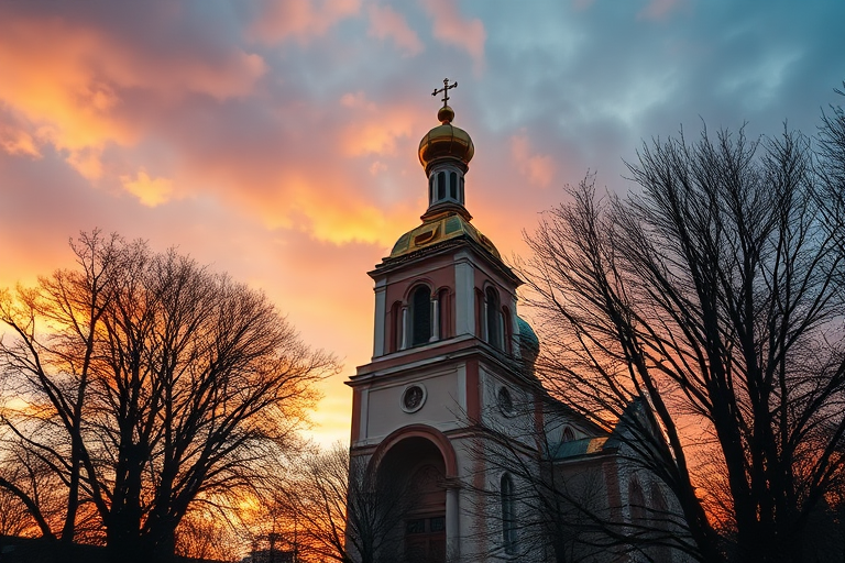 A picturesque view of a tall church with a distinct onion dome at sunset, surrounded by bare trees, captured with a DSLR camera, focal length 35mm, aperture f/8, ISO 200, and a low angle to emphasize the architecture against a dramatic sky.