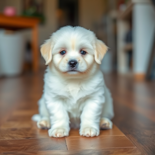 A fluffy white puppy sitting on a wooden floor with a curious expression and big black eyes in a cozy indoor environment