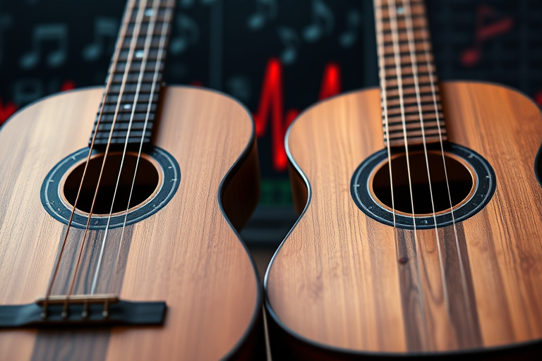 Create an artistic image of two wooden guitars with a heartbeat line and musical notes in the background, using a 50mm lens at f/2.8, ISO 100, with a shallow depth of field in a close-up view, captured with a digital SLR camera.