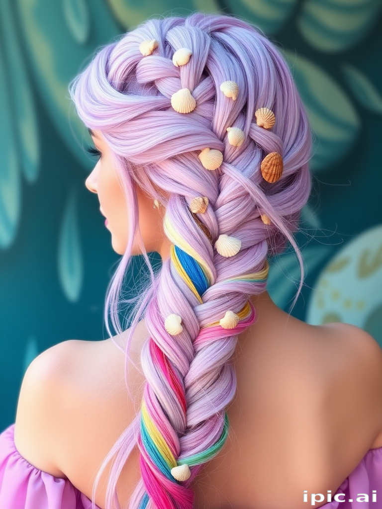 Whimsical mermaid braid in pastel lavender, incorporating colorful extensions and adorned with seashells, embodying a magical underwater-inspired look