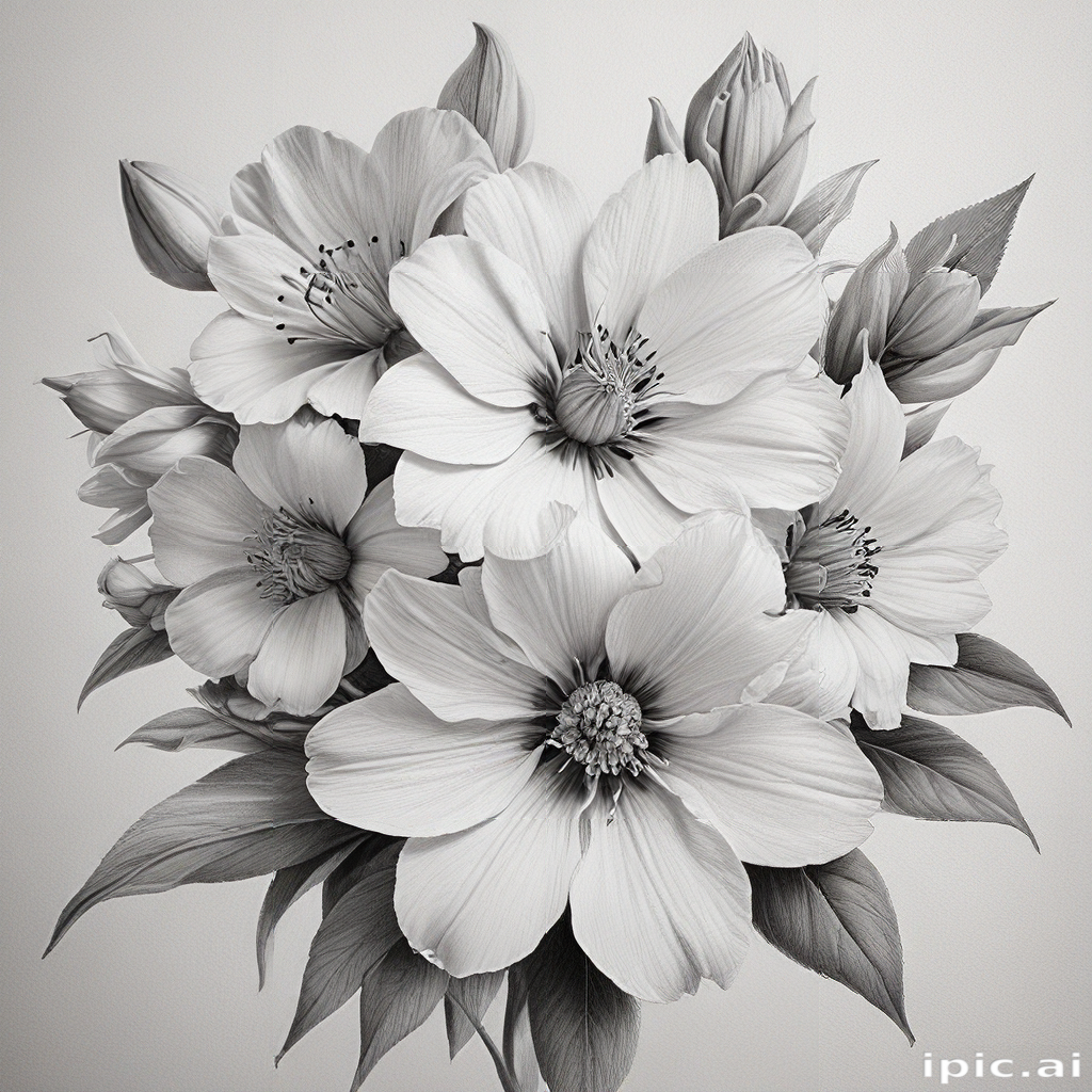 Elegant Black and White Floral Arrangement with Delicate Petals and Leaves
