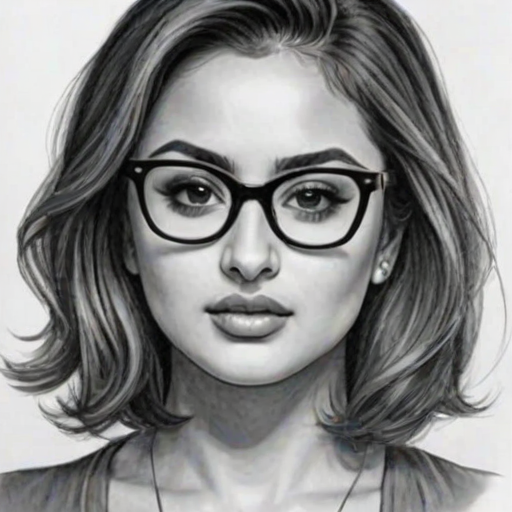 Exquisite Francia Raisa, pencil sketch, portrait of Exquisite woman 1959s in glasses, hair style beatnik, outline, clear lines, fine lines, 8k
