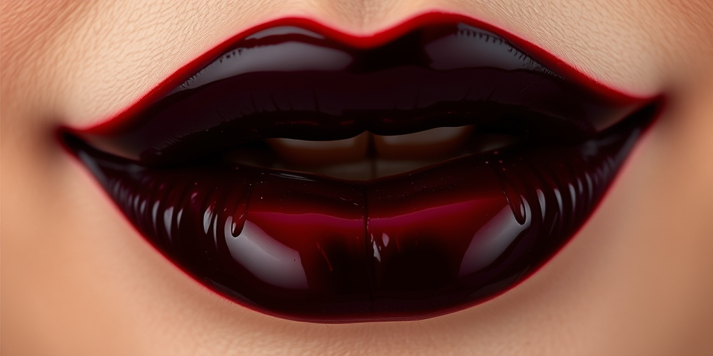 Glossy black cherry lips with a deep, rich color, exuding mystery and sophistication while maintaining a juicy, tempting appearance