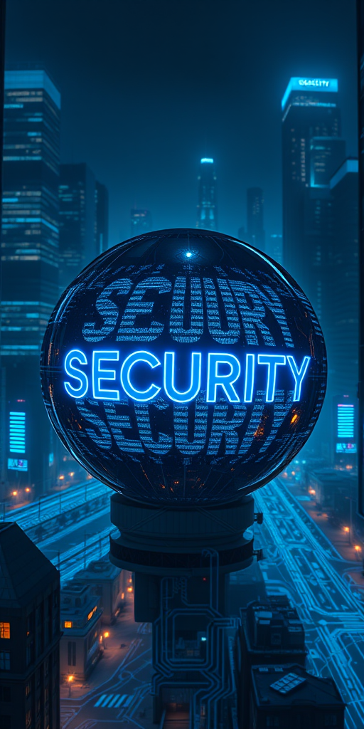 Create a high-resolution digital illustration of a futuristic cityscape at night featuring a large, reflective sphere inscribed with the word "SECURITY" multiple times, surrounded by glowing blue circuit patterns, captured with a Canon EOS R5, 24mm lens, f/11 aperture, ISO 100, HDR technique for enhanced detail and vibrancy.