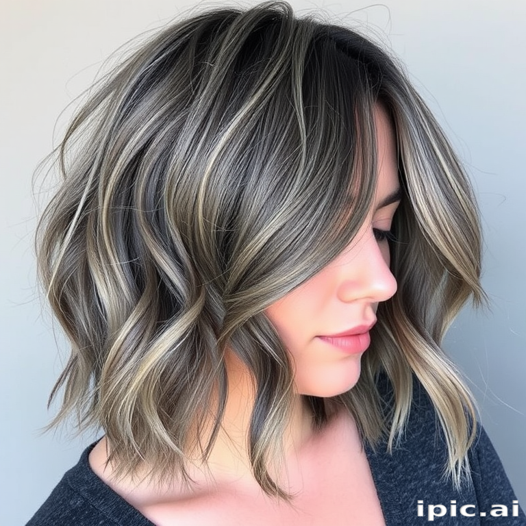 Ash grey lob with a deep side part and beachy waves, named "Smoky Quartz," boasting a lived-in texture and subtle silver babylights framing the face