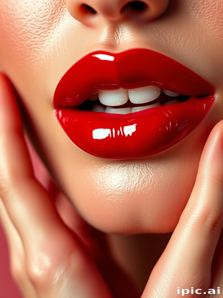 Glossy cherry red lips with a vinyl-like shine, bold and classic, reminiscent of old Hollywood glamour and timeless beauty