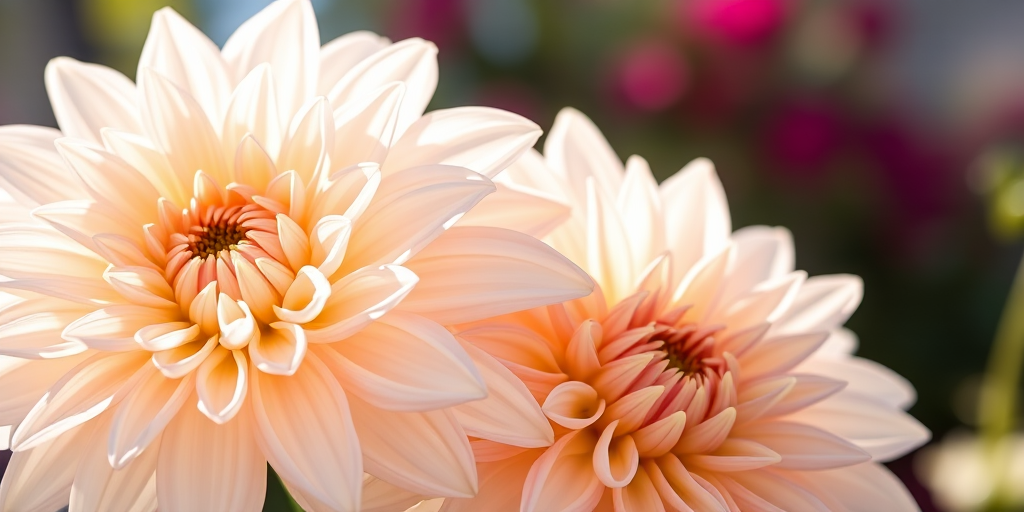 High-resolution close-up of two pale dahlia flowers with intricate petal details, soft focus background, natural sunlight, aperture f/2.8, ISO 100, 50mm lens, macro photography.