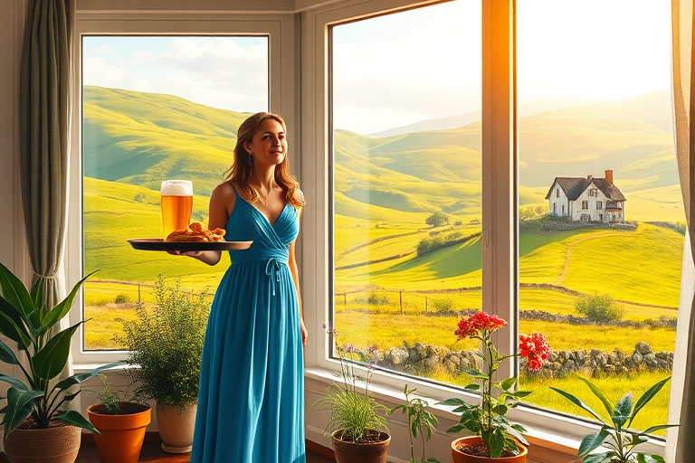 In "A Glass of Beer on the Highland," a serene scene is depicted in a sunlit room where a woman in a vibrant blue dress stands by a large window. She holds a tray with a hearty meal and a frothy glass of beer, embodying a moment of relaxation. Outside, the breathtaking highland landscape features rolling green hills and a charming traditional house, all bathed in warm afternoon light. The interior is adorned with potted plants, creating a harmonious blend of comfort and nature. The painting beautifully captures the tranquility and joy found in simple pleasures amidst stunning scenery