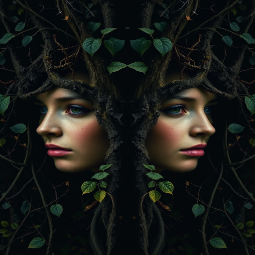 Create a symmetrical portrait of two human faces merging with trees and nature, emphasizing organic textures and details, in a dark, moody color palette, shot with a Canon EOS R5, 85mm lens, f/1.8, ISO 100, in soft-focus style.