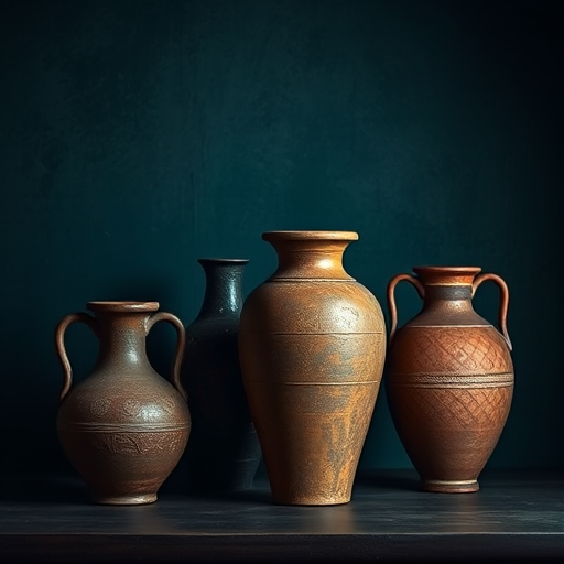 still life composition of four ancient vases in a dimly lit environment with a textured dark teal background, using a Canon EOS R5 camera, 85mm lens, aperture f/2.8, ISO 100, and a longer exposure time for enhanced detail and depth.