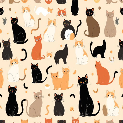 Create a seamless pattern of various stylized cats in different colors and poses on a beige background, using a Canon EOS R5 camera with a 50mm f/1.2 lens, aperture set to f/8, ISO 100, and a top-down view for clarity and detail.