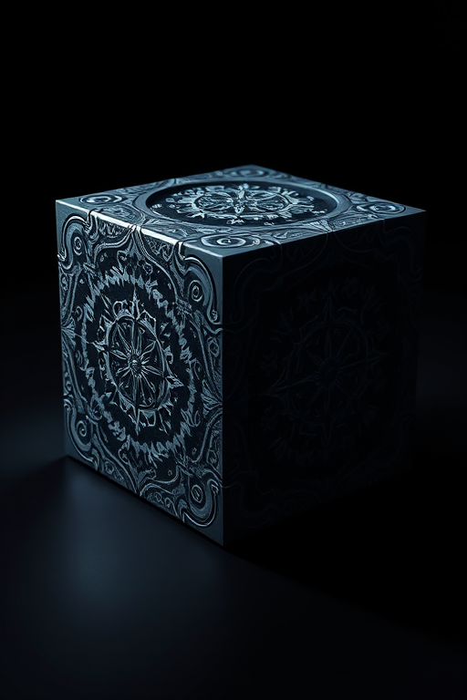 Create a highly detailed 3D render of a mysterious black cube with intricate patterns and designs on its surface, illuminated with soft shadows, using a DSLR camera with a 50mm lens at f/1.8, in a dark studio setting, with softbox lighting to enhance the textures and contrasts.
