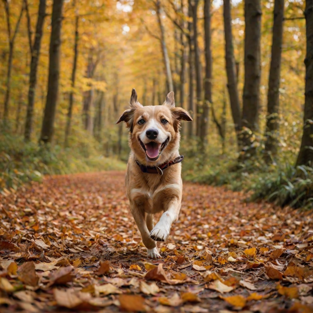 A happy dog running through a forest path during autumn with vibrant leaves, captured with a DSLR camera, 50mm lens, f/2.8 aperture, ISO 200, shutter speed 1/500s, low angle view, soft focus background for dramatic effect.