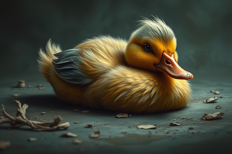 Stunning image of a cute adorable tired looking wacky duck laying flat on the ground, no emotions, moody, grainy, noisy, concept art, by Alberto Seveso, Cyril Rolando, Dan Mumford, Meaningful Visual Art, Detailed Painting, Digital Illustration,