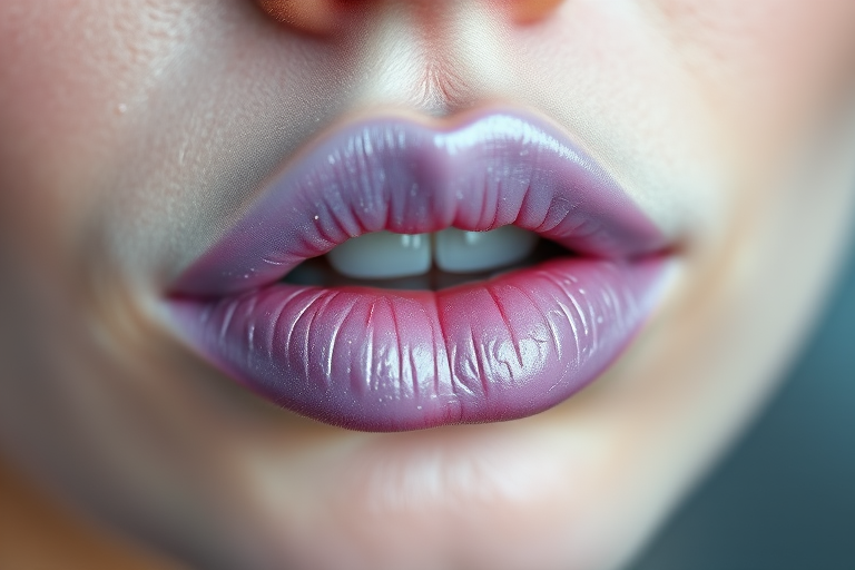 Frosted lilac lips with cool undertones, subtle metallic sheen, delicate and refined application, whimsical Lavender Frost Kiss aesthetic