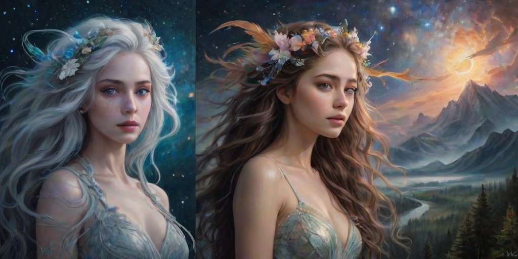 Create a series of imaginative portraits where each subject is infused with elements of fantasy and nature. The hair of the individuals should flow like clouds, varying from soft, fluffy cumulus to wispy cirrus strands, with hints of color reflecting a sunset or a clear blue sky. The eyes should be windows to entire galaxies, with stars, nebulae, and distant planets visible within them. Clothing should be adorned with nature motifs, such as floral patterns that bloom and change, vines that seem to grow and wrap around, or feathers that shimmer with iridescence. Each portrait should capture a unique personality, blending human features with the ethereal beauty of the natural and cosmic world. The backgrounds can vary, from starry night skies to enchanted forests, adding depth and context to the magical realism of the portraits
