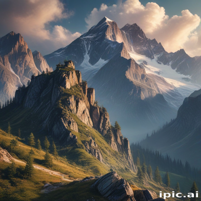 Majestic Mountain Landscape With Dramatic Peaks and Lush Green Valleys.