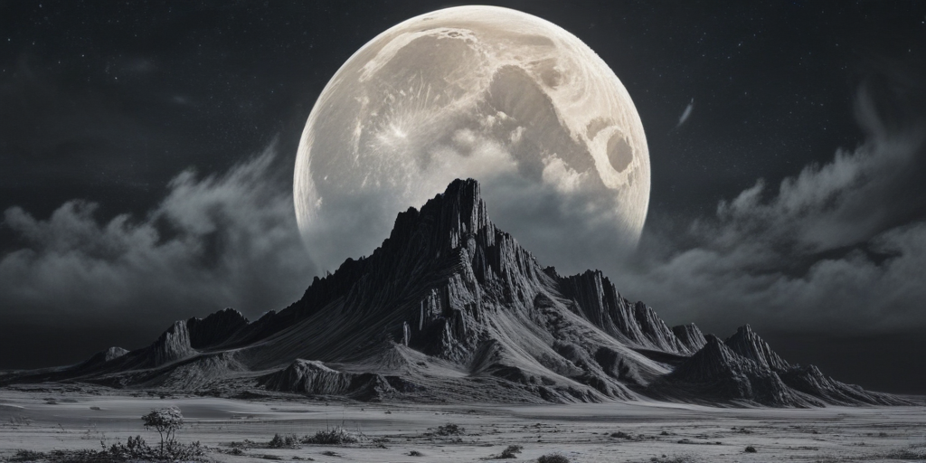 Majestic Mountain Landscape Under a Bright Full Moon in Night Sky