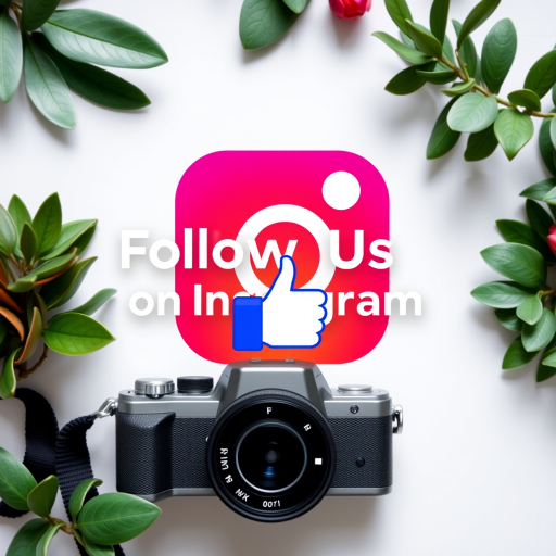 Create a vibrant Instagram logo featuring the text "Follow Us on Instagram" with a thumbs-up icon, captured with a DSLR camera at f/1.8 aperture, 1/60 shutter speed, ISO 100, in a flat lay style with natural lighting.