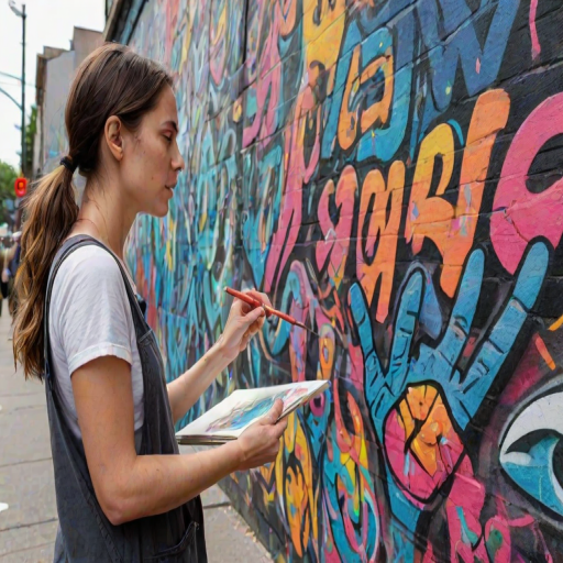 Vibrant street art scene, walls covered in colorful murals, a woman with a sketchbook stops to admire a particularly striking piece, her fingers tracing the lines of the artwork.