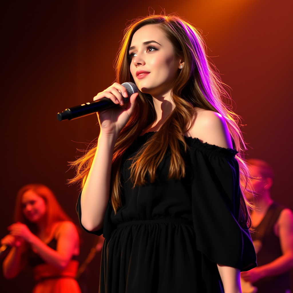 A young woman with long, flowing brown hair is standing in the center of the frame, holding a microphone in her right hand, and looking slightly off to the right side of the frame. She is wearing a black, off-the-shoulder dress with delicate lace detailing. The lighting is warm and dramatic, creating a spotlight effect on the singer. There are other figures in the background, blurred and out of focus, suggesting a concert or performance setting. The camera angle is low, capturing the woman from the waist up. The overall atmosphere is intimate and captivating.
