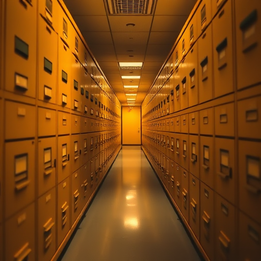 Generate an image of a hallway lined with golden file cabinets receding into the distance, using a wide-angle lens, f/8 aperture, ISO 200, with a slight vignette effect for dramatic focus, shot from a low perspective to emphasize depth.