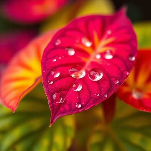 close-up of colorful begonia leaves with water droplets, shallow depth of field, ISO 100, f/2.8, 1/200s, natural light, macro lens, DSLR camera, vibrant colors, soft bokeh background