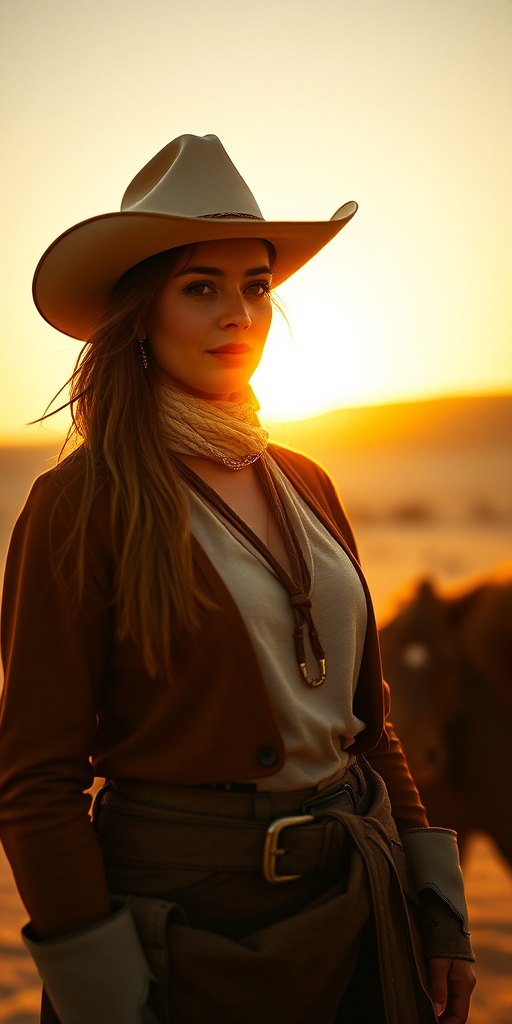 Dramatic photo of a beautiful Druze woman, classic cowboy attire, confident and free spirit expression, half-length portrait, centered, golden hour desert landscape, warm, diffused light, low angle, medium format film camera, in style of Annie Leibovitz.