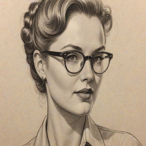 Fascinating Jordan Hinson, pencil sketch, portrait of Gorgeous woman 1940s in glasses, hair style beatnik, outline, clear lines, fine lines, 8k