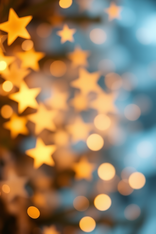Create a festive background featuring glowing stars and shimmering bokeh lights in warm gold and soft blue tones. The scene should evoke a magical and celebratory atmosphere, perfect for a holiday or special occasion. Include a mix of star shapes and soft orbs of light, softly blurred to create depth and a dreamy effect.
