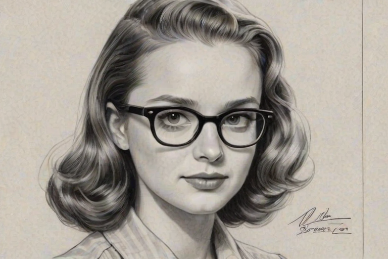 Beauteous Maude Apatow, pencil sketch, portrait of Sublime woman 1946s in glasses, hair style beatnik, outline, clear lines, fine lines, 8k