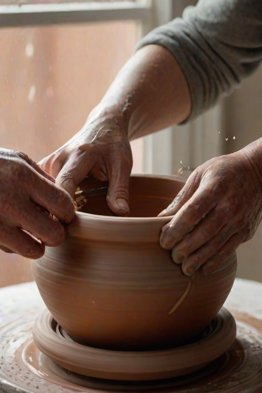 Close-up of a pair of hands crafting a clay pot on a pottery wheel, soft natural light from a nearby window illuminating the spinning clay, with splatters of wet clay softly blurred in the background.