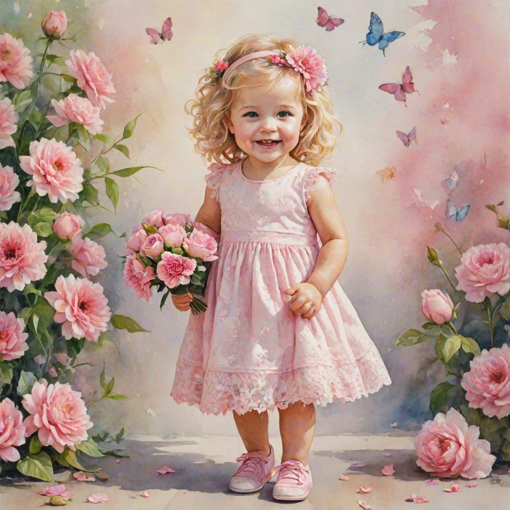 hyperrealism happy smiling toddler girl with messy wavy blonde hair with a headband, she is wearing a pink and white lace dress with pink and white shoes, she is holding a pink bouquet of flowers. Pink flowers and butterflies. summer background. Watercolor Highly detailed