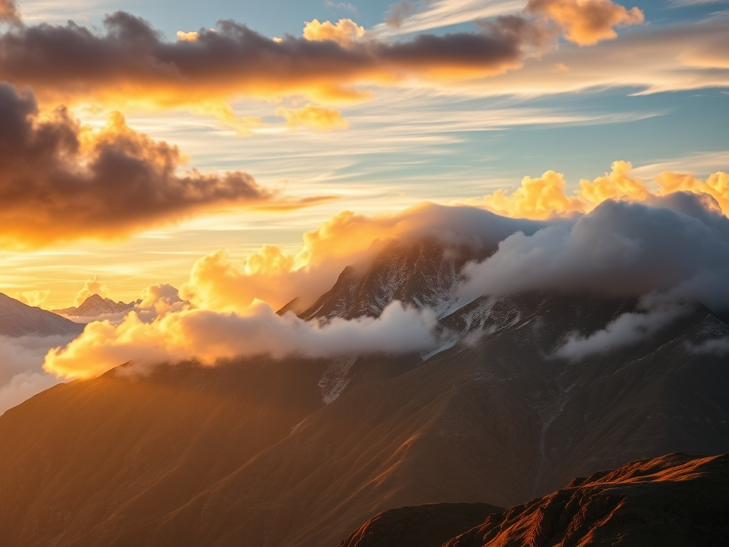 Create a high-resolution image of a majestic mountain range shrouded in dramatic clouds during golden hour, using a full-frame DSLR camera with a 35mm lens, aperture set to f/8, ISO 100, and a shutter speed of 1/125 seconds, capturing a dynamic composition with vibrant colors and enhanced clarity.