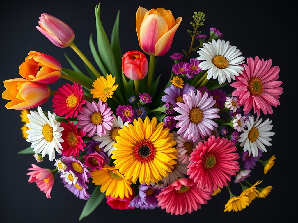 create an overhead shot of a vibrant bouquet of spring flowers including tulips, daisies, and other colorful blooms against a black backdrop using a DSLR camera with a 50mm lens, aperture f/2.8 for a shallow depth of field, ISO 100 to reduce noise, and a soft natural light source for even illumination