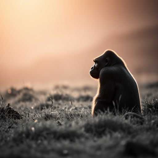 capture a solitary gorilla in profile on a grassy landscape during golden hour using a DSLR camera with a 50mm lens, aperture f/2.8, shutter speed 1/500s, ISO 200, shallow depth of field, high contrast black and white style