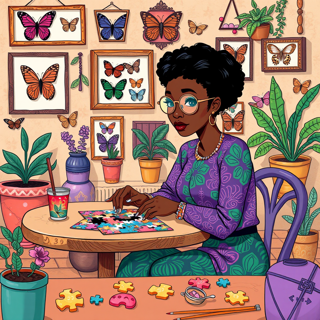 A vibrant and whimsical illustration of an african american woman sitting at a table working on a colorful jigsaw puzzle. she is wearing round glasses, and patterned clothing in shades of purple and green.  The background features an eclectic collection of framed butterflies, potted plants, and other natural elements, creating a warm and inviting atmosphere. The style is playful and modern, with rich textures, intricate details, and a lively color palette.