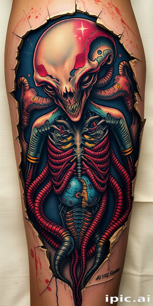 Biomechanical horror tattoo revealing grotesque alien anatomy beneath torn skin, incorporating hyperrealistic textures and vibrant colors for a truly unsettling